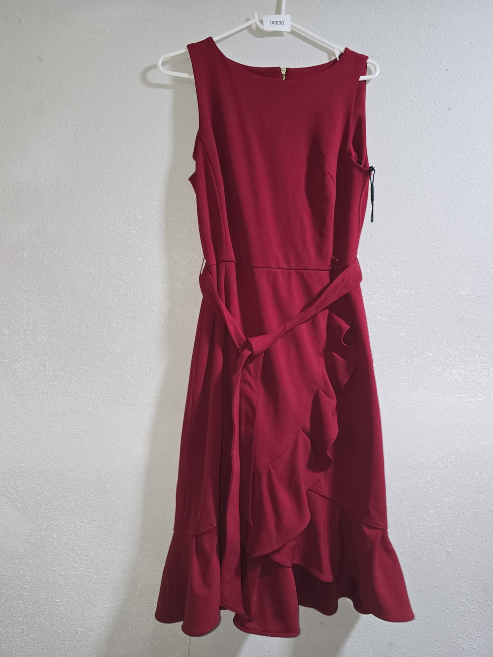 Calvin Klein Sleeveless Ruffle Midi Dress in Deep Red